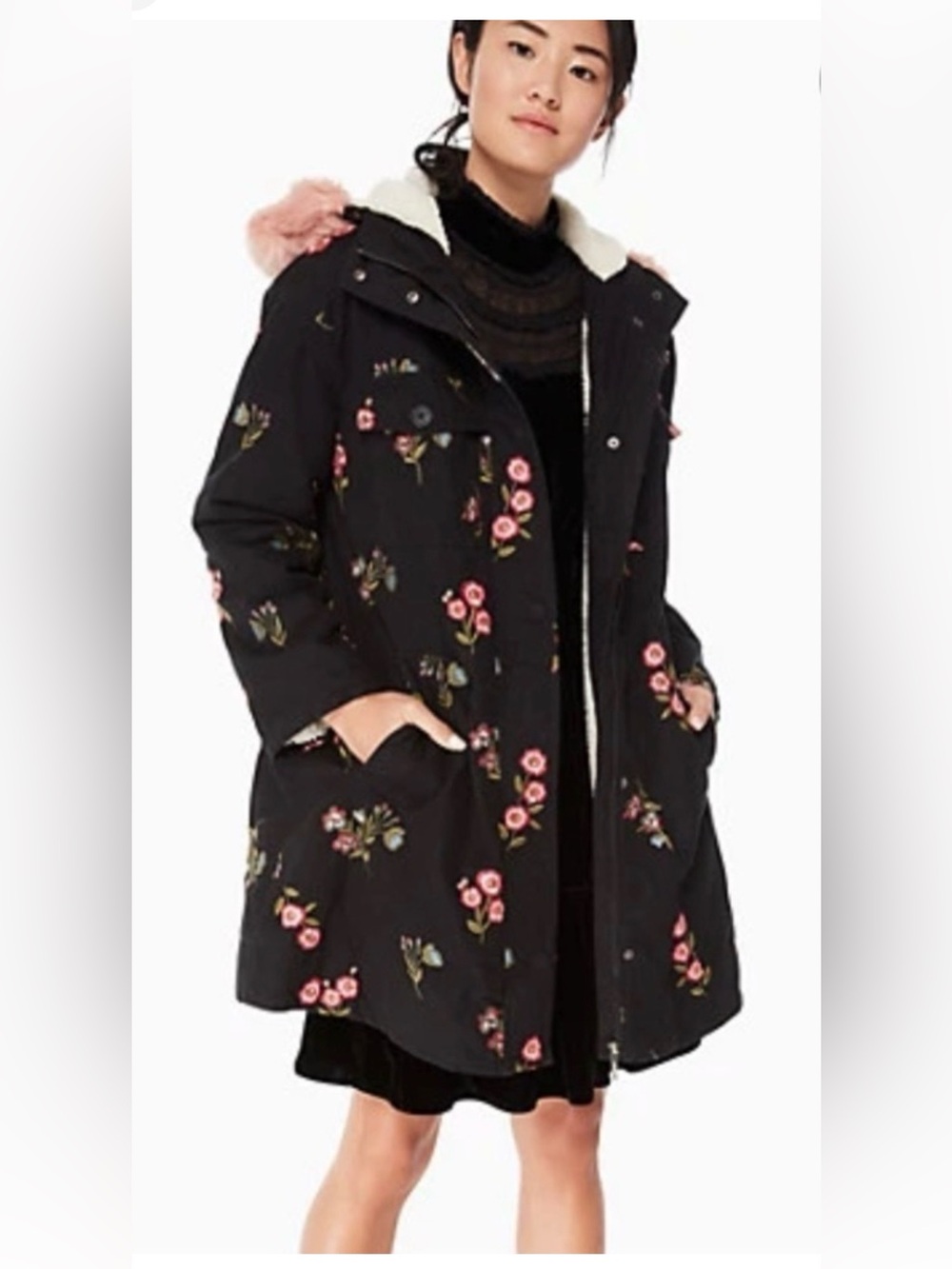 kate spade Black Floral jacket Coat with Pink Rose Embroidery sherpa fleece larg
